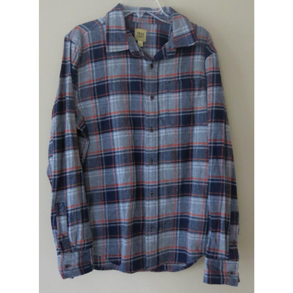 TRUE CRAFT *NWT* Flannel Shirt Boys Size L Button Down Plaid Blue Shirt Casual